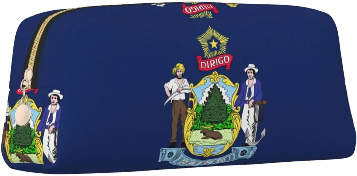 Maine State Flag Print Pencil Case With Zipper, Large Capacity Pen Bag For Pencils, Leather Pouch For Travel
