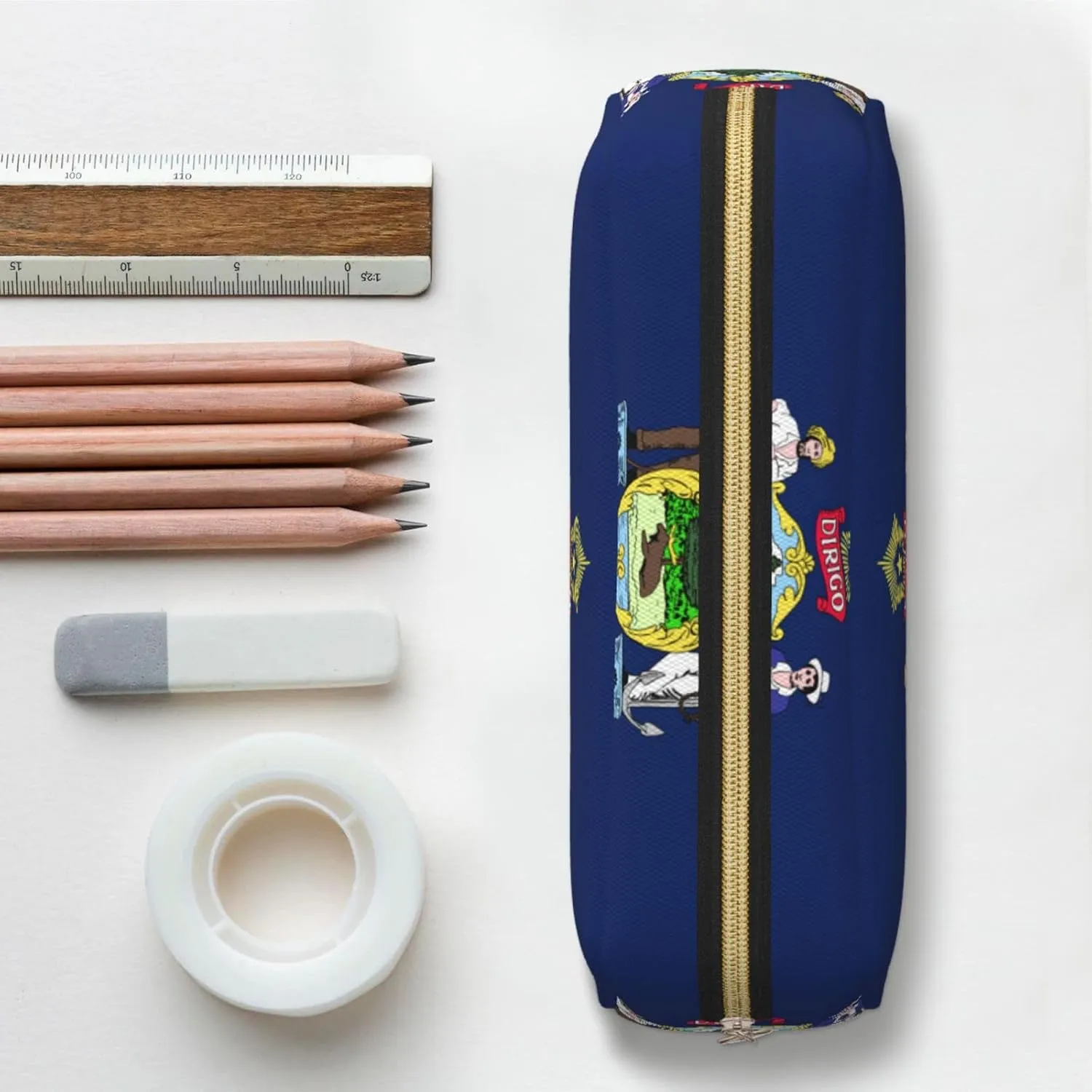 Maine State Flag Print Pencil Case With Zipper, Large Capacity Pen Bag For Pencils, Leather Pouch For Travel