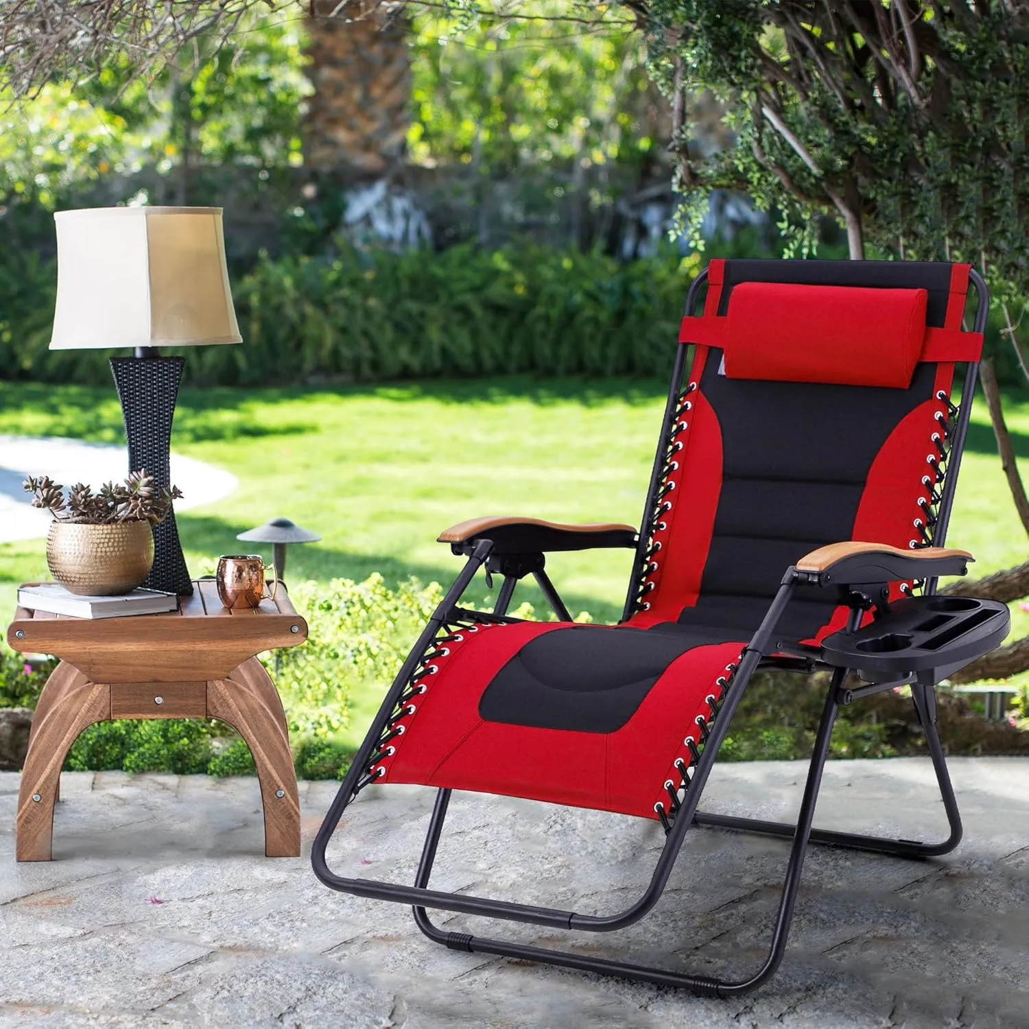 MAISON ARTS Oversized XXL Padded Zero Gravity Lawn Chair Foldable Recliner 30" Wide Seat Anti Gravity Lounge Chair Outdoor Camp Chair for Poolside Backyard Beach, Support 400lbs, Red
