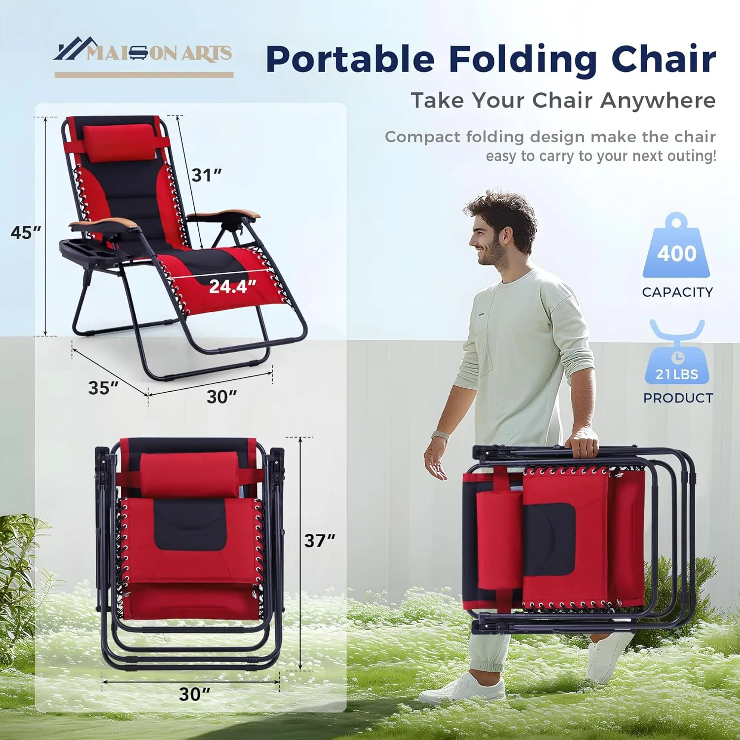 MAISON ARTS Oversized XXL Padded Zero Gravity Lawn Chair Foldable Recliner 30" Wide Seat Anti Gravity Lounge Chair Outdoor Camp Chair for Poolside Backyard Beach, Support 400lbs, Red