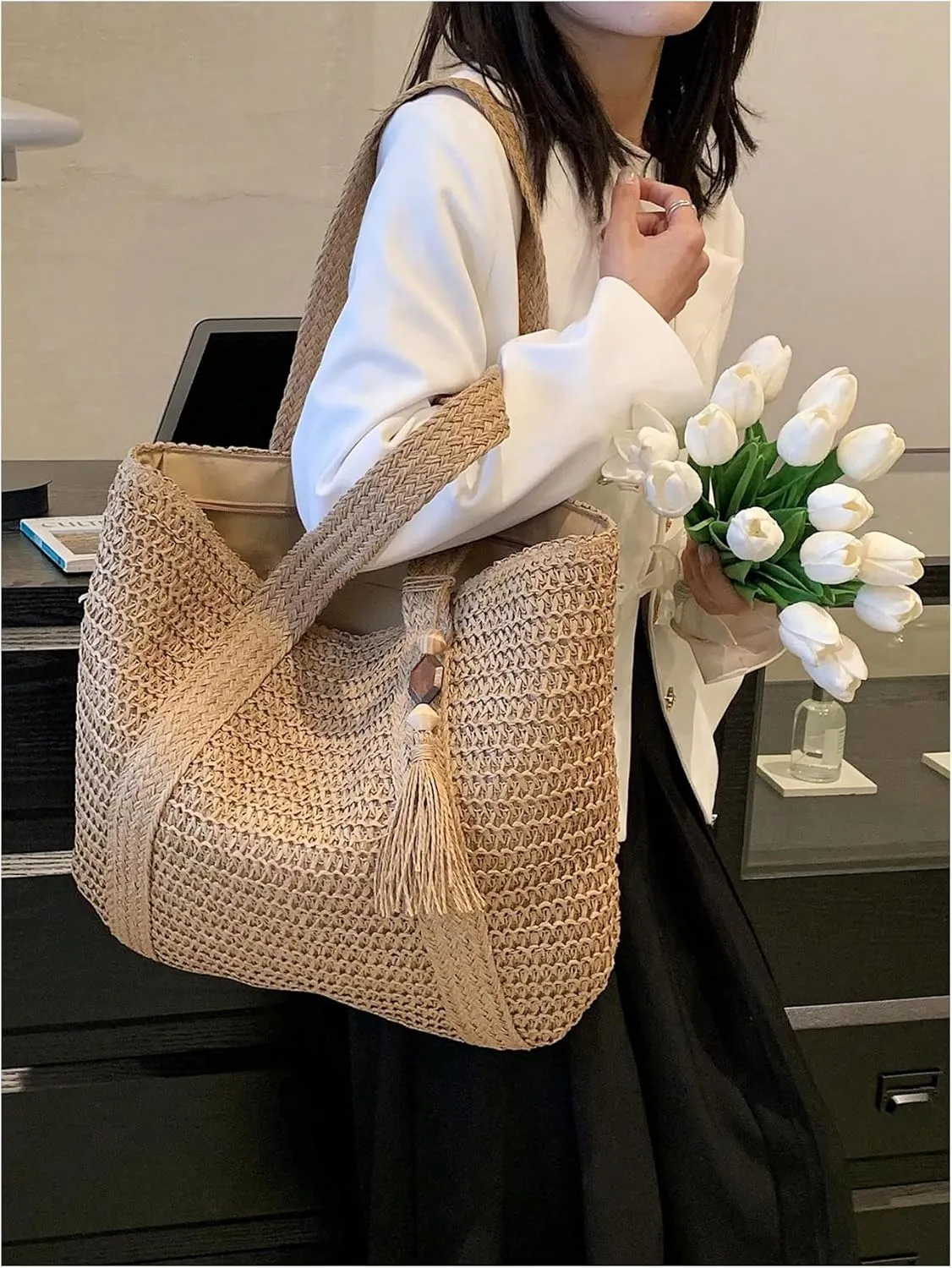 MakeMeChic Women's Tote Bags Tassel Straw Bag Woven Summer Beach Travel Vacation Shoulder Bags