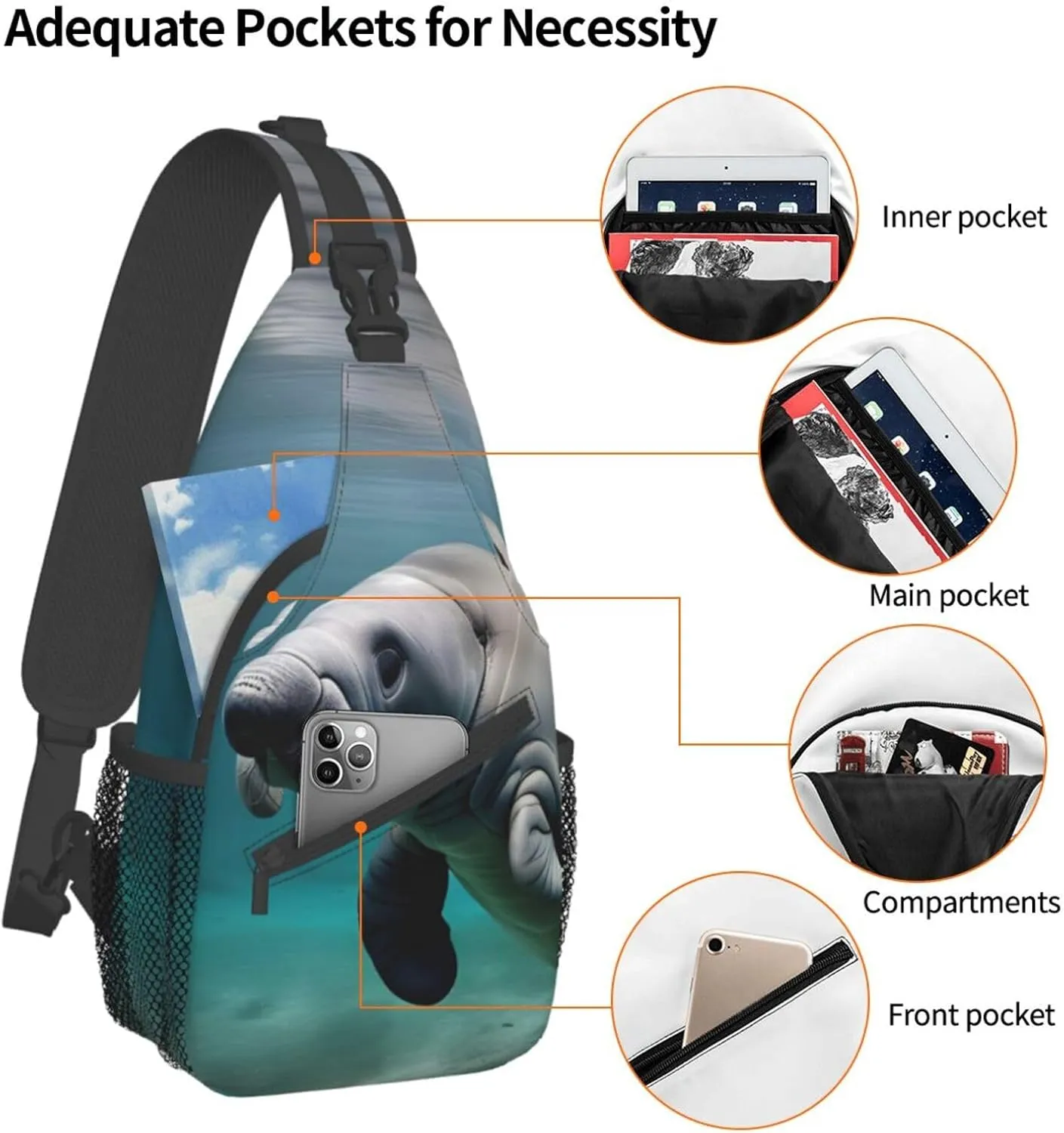 Manatee Animal High Storage Capacity Chest Bag Diagonally Sling Backpack Crossbody Shoulder Bag For Men Women