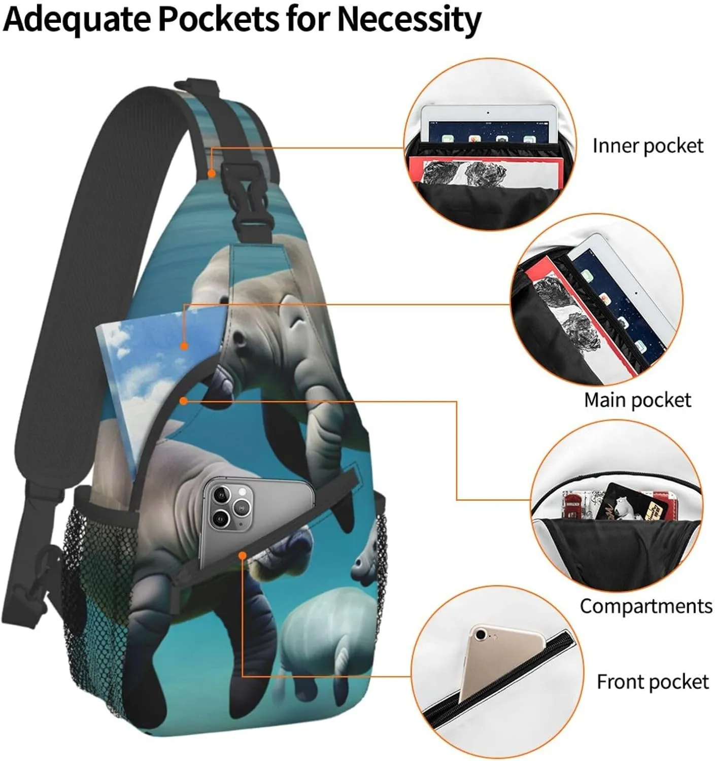 Manatee Animals High Storage Capacity Chest Bag Diagonally Sling Backpack Crossbody Shoulder Bag For Men Women