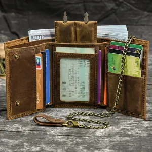 Men Genuine Leather Short Wallet With Chain Zipper