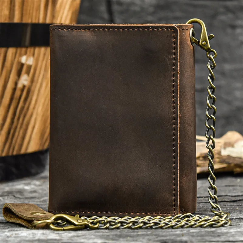 Men Genuine Leather Short Wallet With Chain Zipper