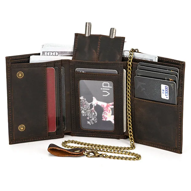 Men Genuine Leather Short Wallet With Chain Zipper