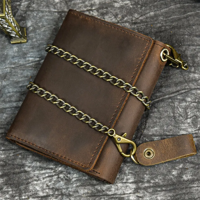 Men Genuine Leather Short Wallet With Chain Zipper