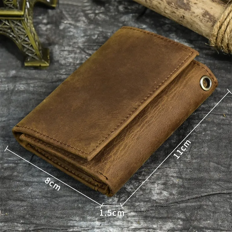 Men Genuine Leather Short Wallet With Chain Zipper
