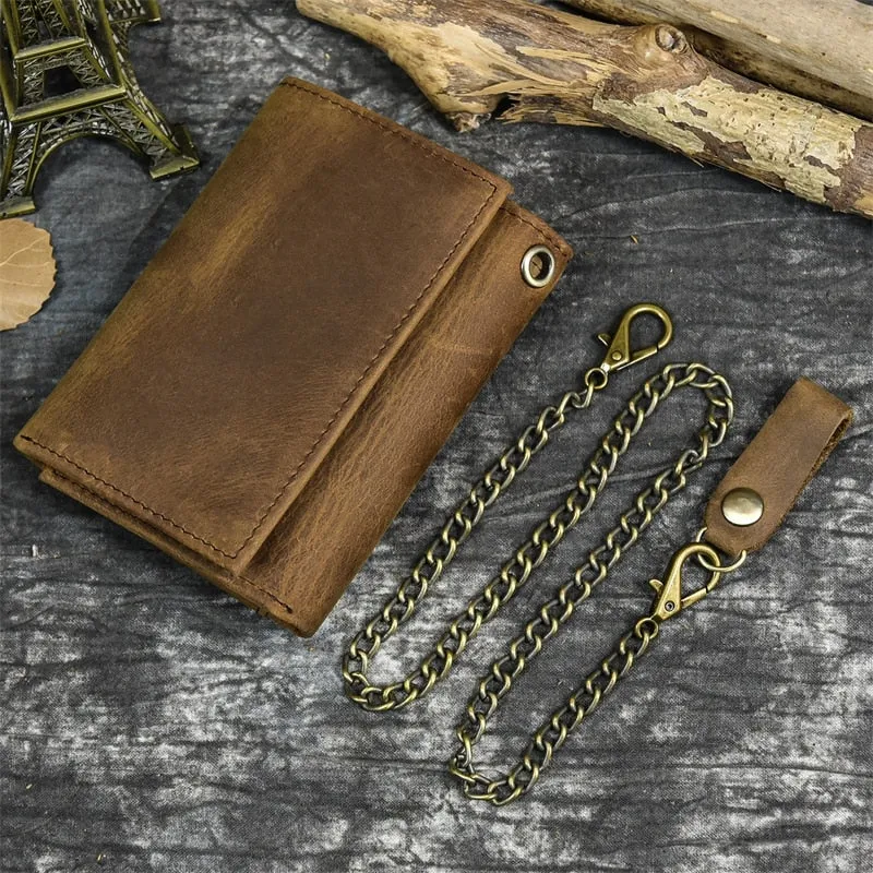 Men Genuine Leather Short Wallet With Chain Zipper