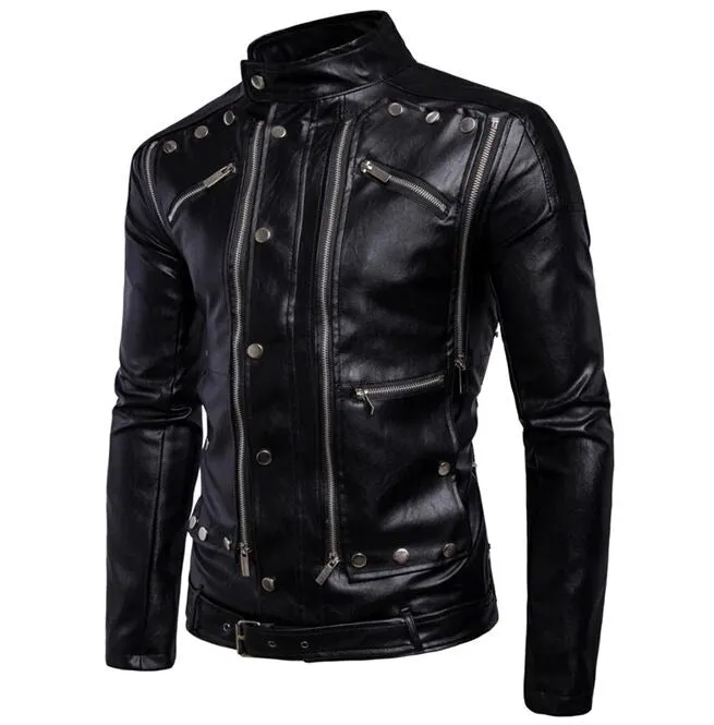 Men Motorcycle Jacket Gothic Black Leather Jacket Multi-Zip Biker Jacket