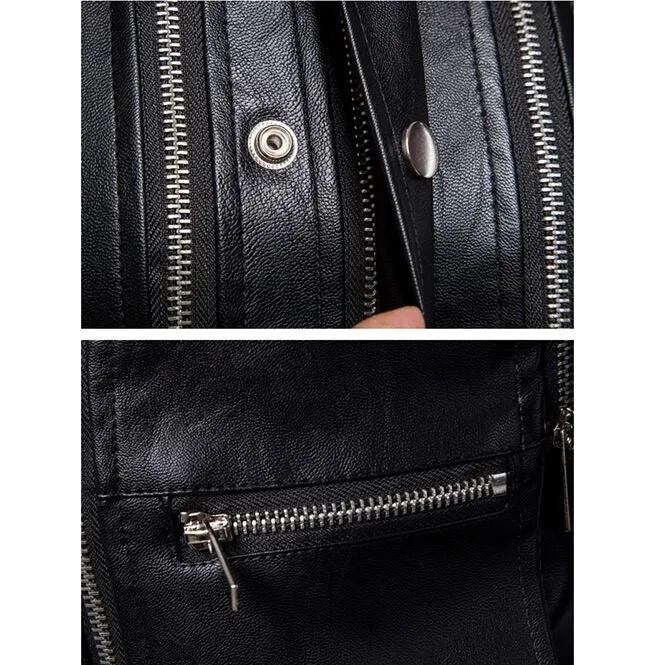 Men Motorcycle Jacket Gothic Black Leather Jacket Multi-Zip Biker Jacket