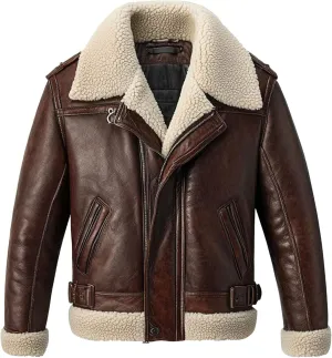Mens Aviator Jacket Brown Shearling Coat Inspired by Flight Jacket Genuine Leather Jackets For Men