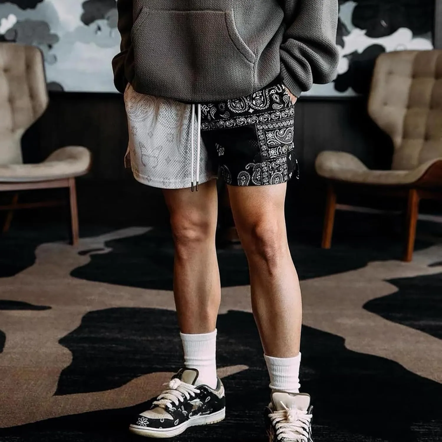 Men's Basketball Shorts Paisley Print Mesh Breathable Running Athletic Shorts Quick-Dry Workout Gym