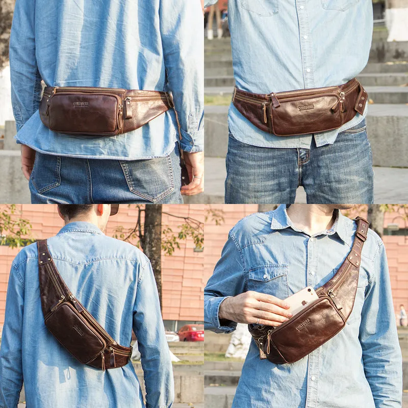 Men's Black Angel Leather First Layer Cowhide Men's Waist Packs