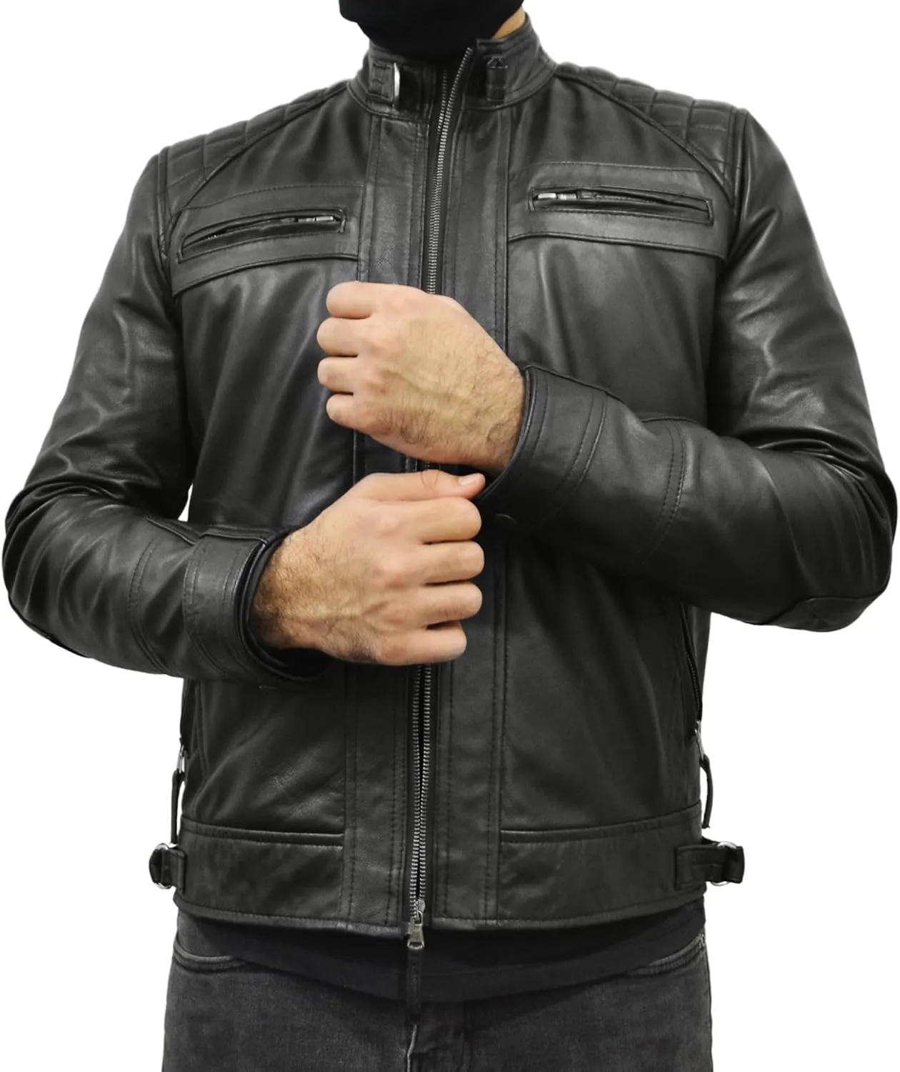 Men's Black Real Sheepskin Leather Jacket - Racer Diamond Quilted Biker Jacket