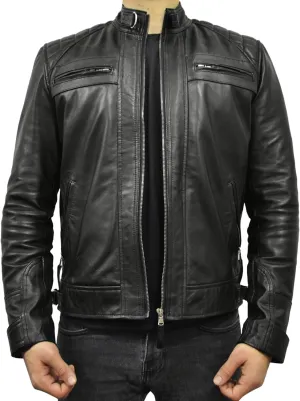 Men's Black Real Sheepskin Leather Jacket - Racer Diamond Quilted Biker Jacket