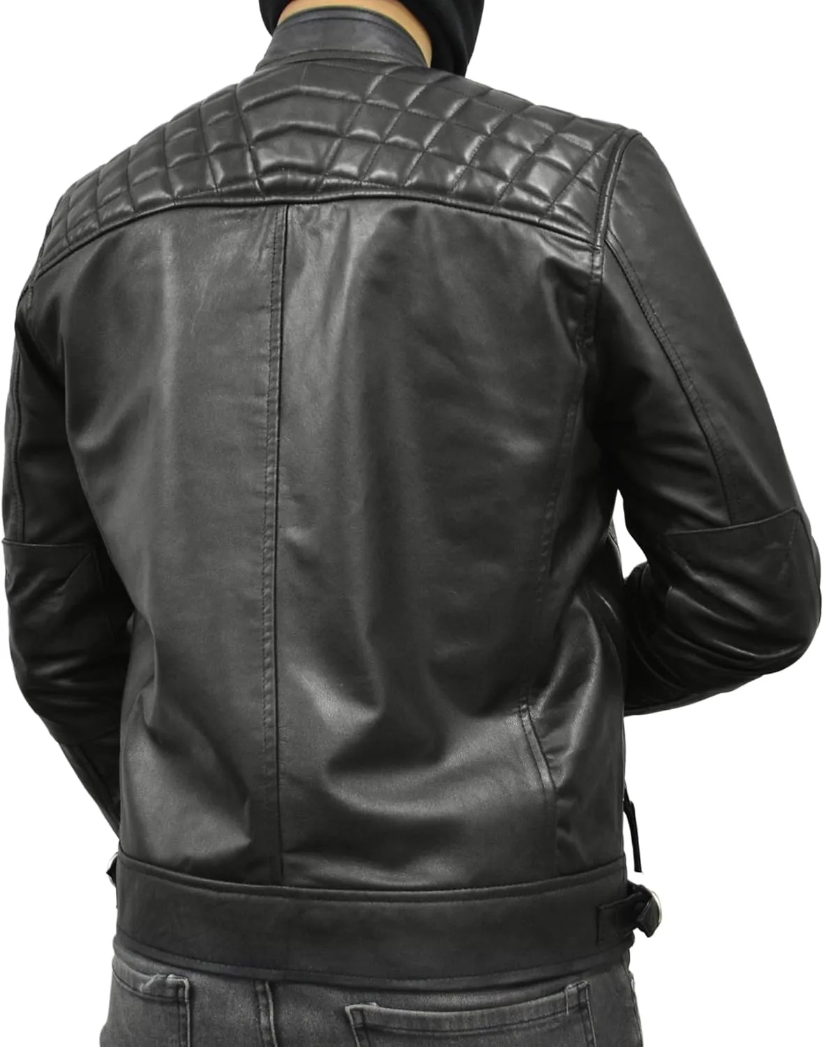 Men's Black Real Sheepskin Leather Jacket - Racer Diamond Quilted Biker Jacket