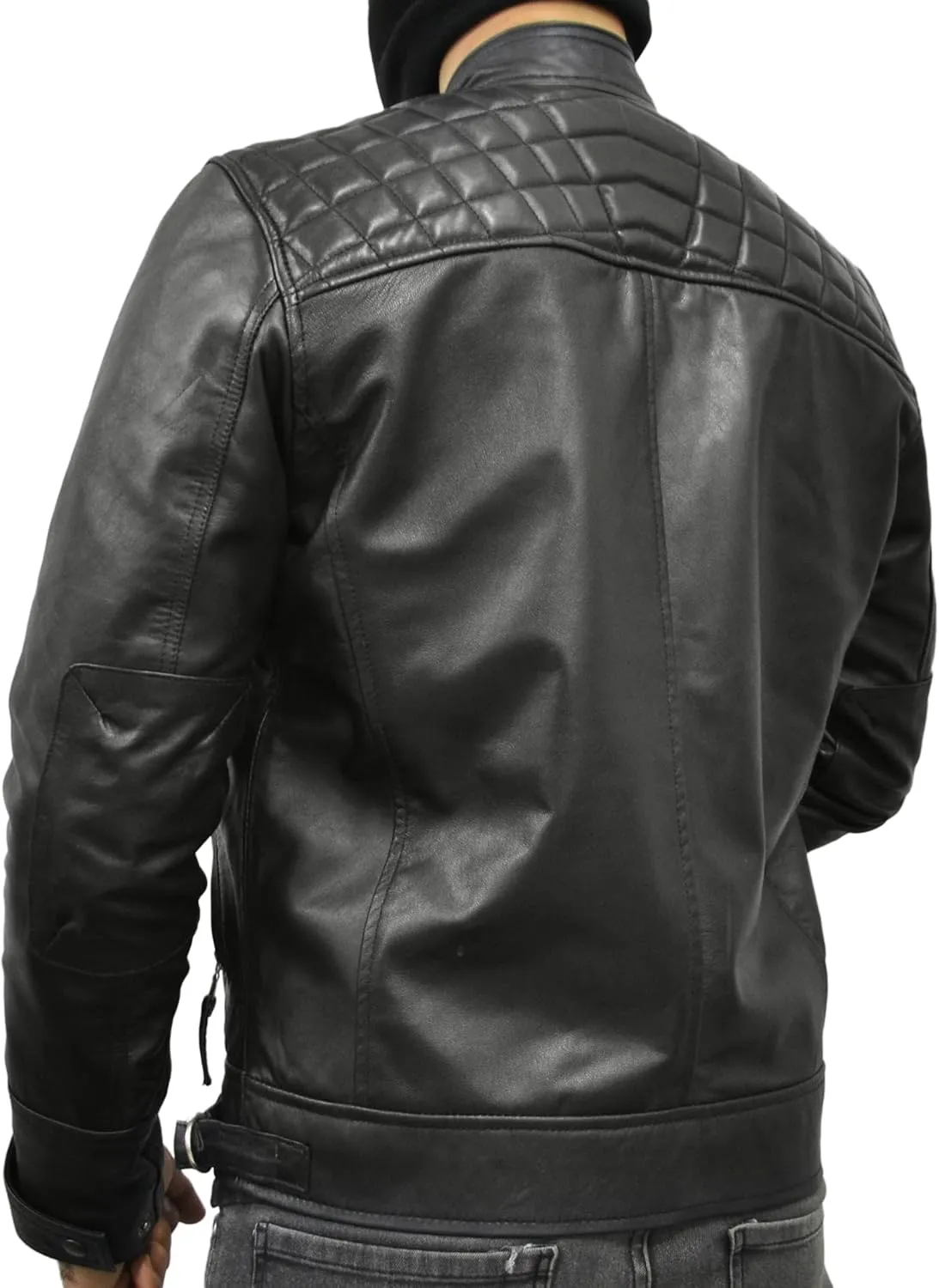 Men's Black Real Sheepskin Leather Jacket - Racer Diamond Quilted Biker Jacket