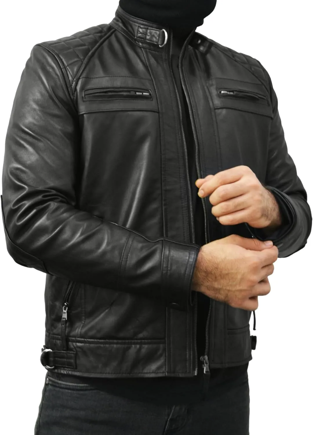 Men's Black Real Sheepskin Leather Jacket - Racer Diamond Quilted Biker Jacket