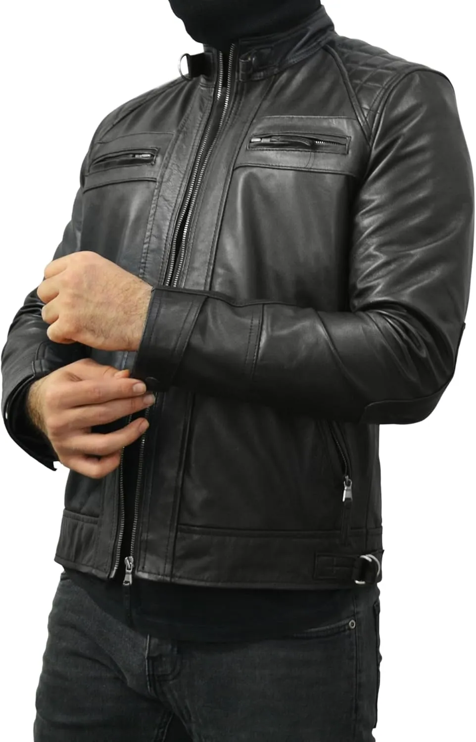 Men's Black Real Sheepskin Leather Jacket - Racer Diamond Quilted Biker Jacket