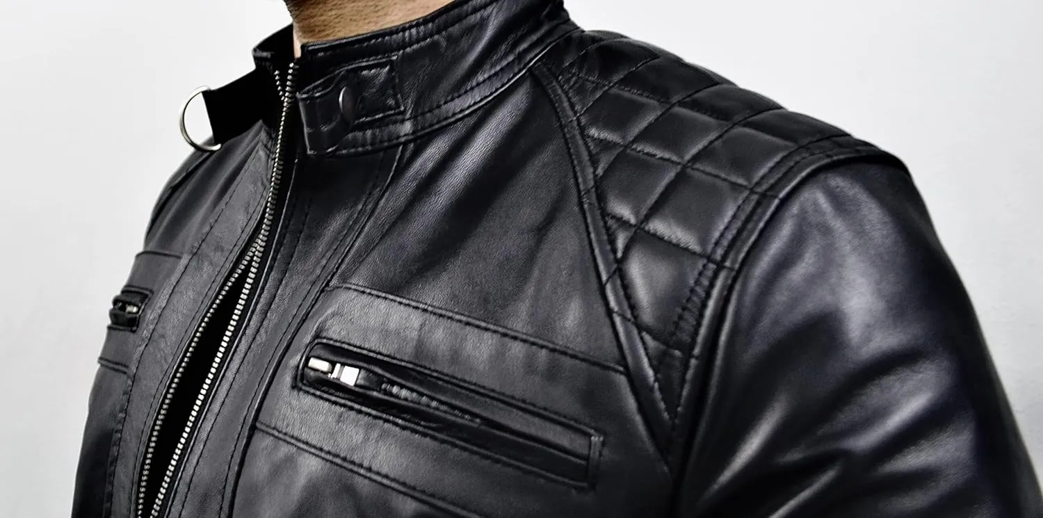 Men's Black Real Sheepskin Leather Jacket - Racer Diamond Quilted Biker Jacket