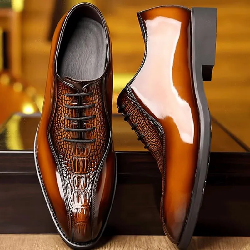 Men's Brogue Oxfords Shoes Mens Vintage Crocodile Print Strap Slip On Dress Shoes Lace-up Casual Comfortable Walking Shoes