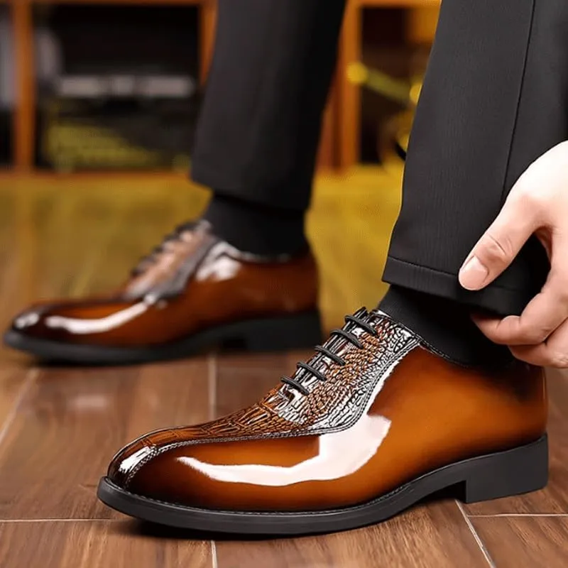 Men's Brogue Oxfords Shoes Mens Vintage Crocodile Print Strap Slip On Dress Shoes Lace-up Casual Comfortable Walking Shoes