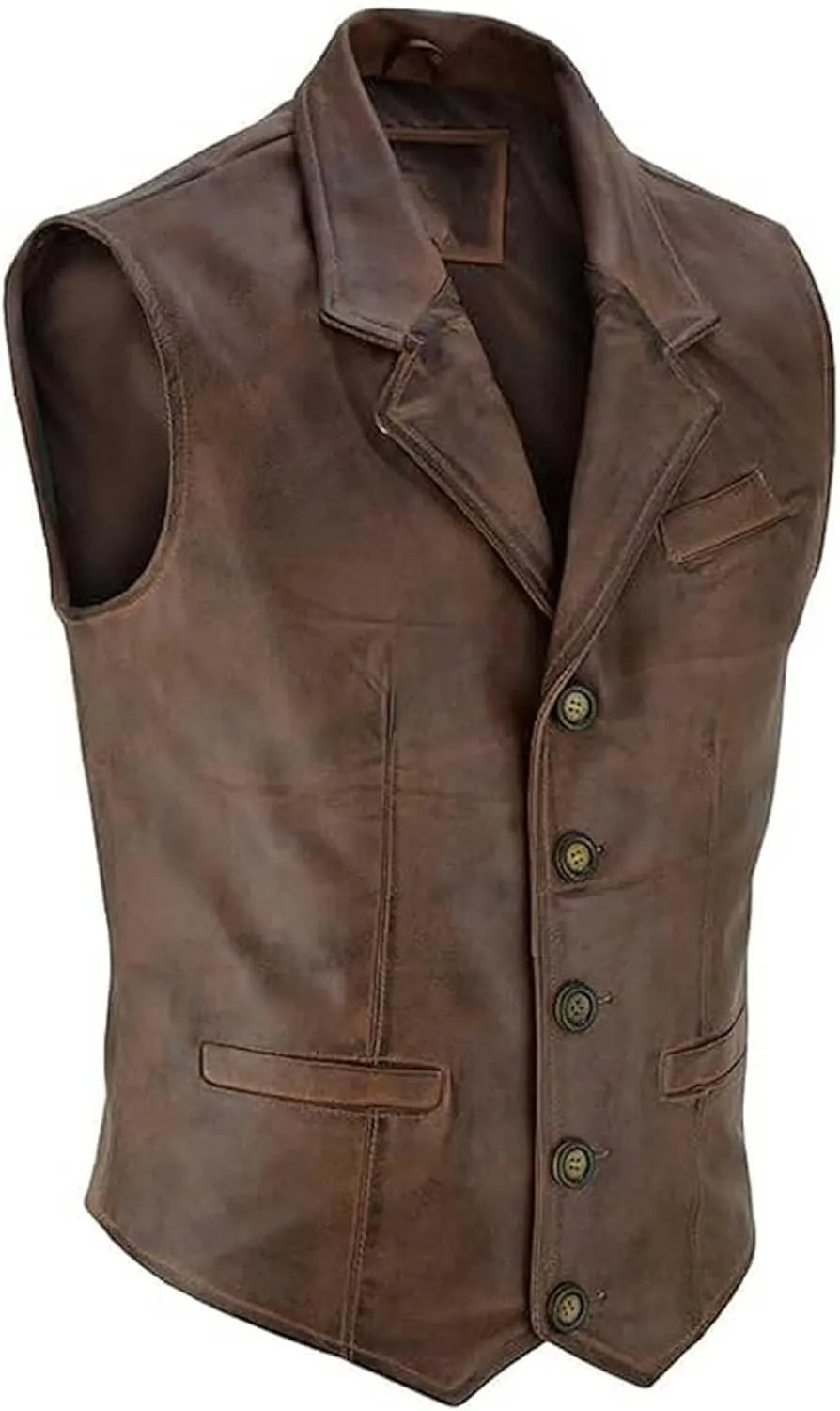 Mens Classic Club Style Leather Vest Motorcycle Leather waistcoat vest with Concealed Gun Carry Pockets