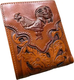 Mens Floral Cowboy Rooster Gallo Embossed Cowboy Western Leather Wallet High End Cut Out Layered Leather Style Mens Wallets Leather Bull Rider Rodeo Gifts For Men (Brown Coffee)