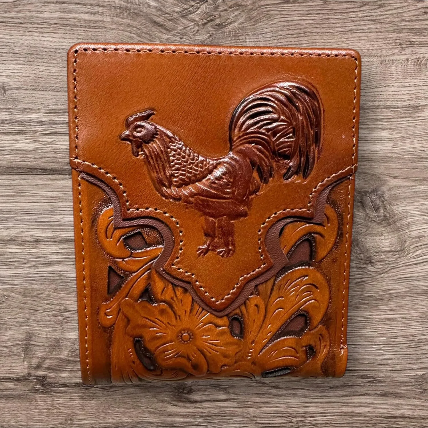 Mens Floral Cowboy Rooster Gallo Embossed Cowboy Western Leather Wallet High End Cut Out Layered Leather Style Mens Wallets Leather Bull Rider Rodeo Gifts For Men (Brown Coffee)