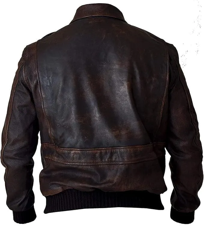 Mens G-1 Fur Collar US Navy Flight Distressed Brown Aviator Genuine Leather Jacket