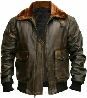 Men's G1 Aviator A2 Bomber Leather Jacket with Fur Collar, Brown