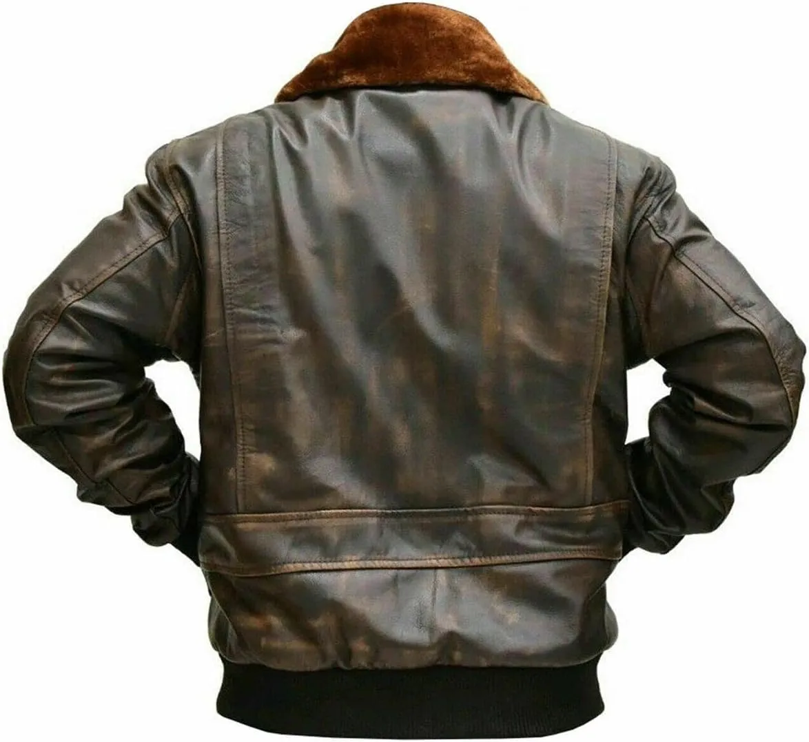 Men's G1 Aviator A2 Bomber Leather Jacket with Fur Collar, Brown