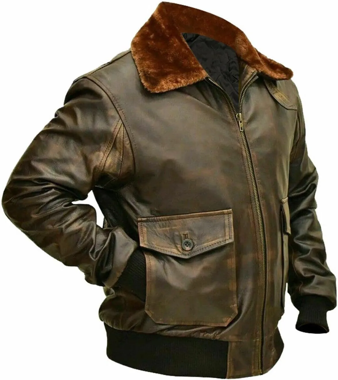 Men's G1 Aviator A2 Bomber Leather Jacket with Fur Collar, Brown