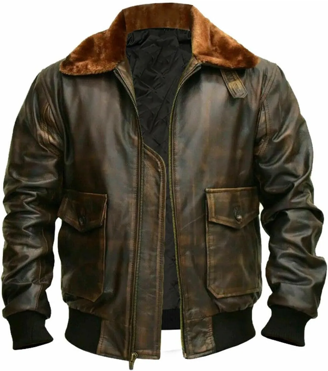 Men's G1 Aviator A2 Bomber Leather Jacket with Fur Collar, Brown