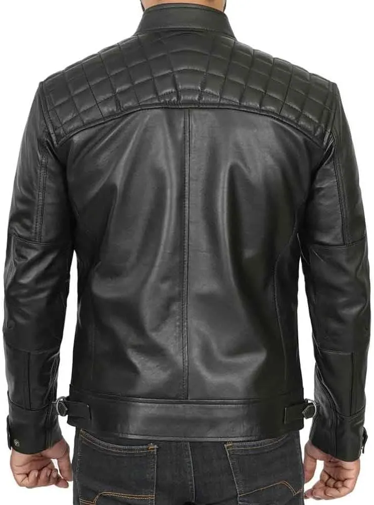 Mens Genuine Biker Leather Quilted Shoulders Jacket | Cafe Racer Leather Jackets