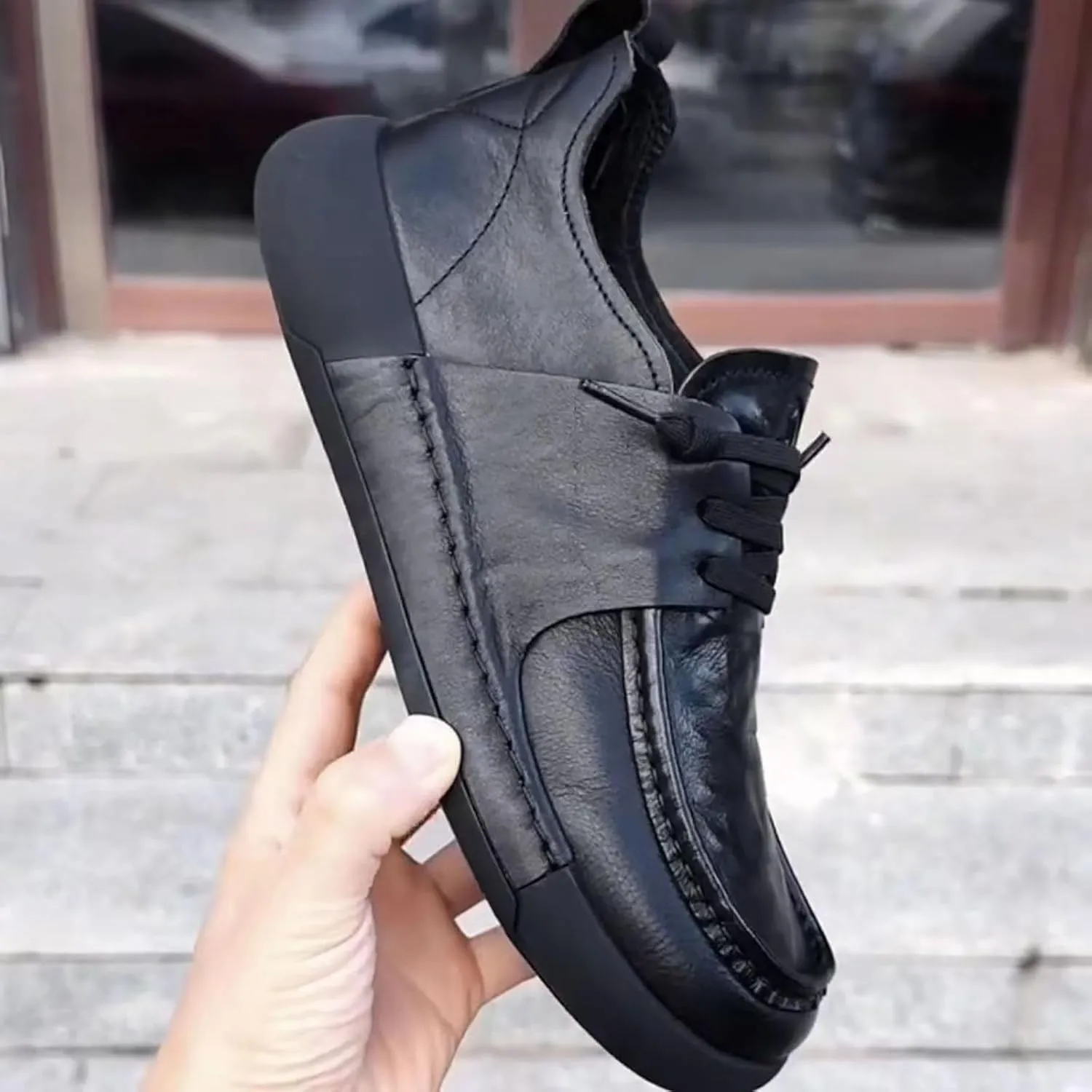Men's Genuine Cowhide Leather Lace-up Casual Shoes with Insole & Anti-Slip Rubber Sole for Daily Walking, Office, Travel