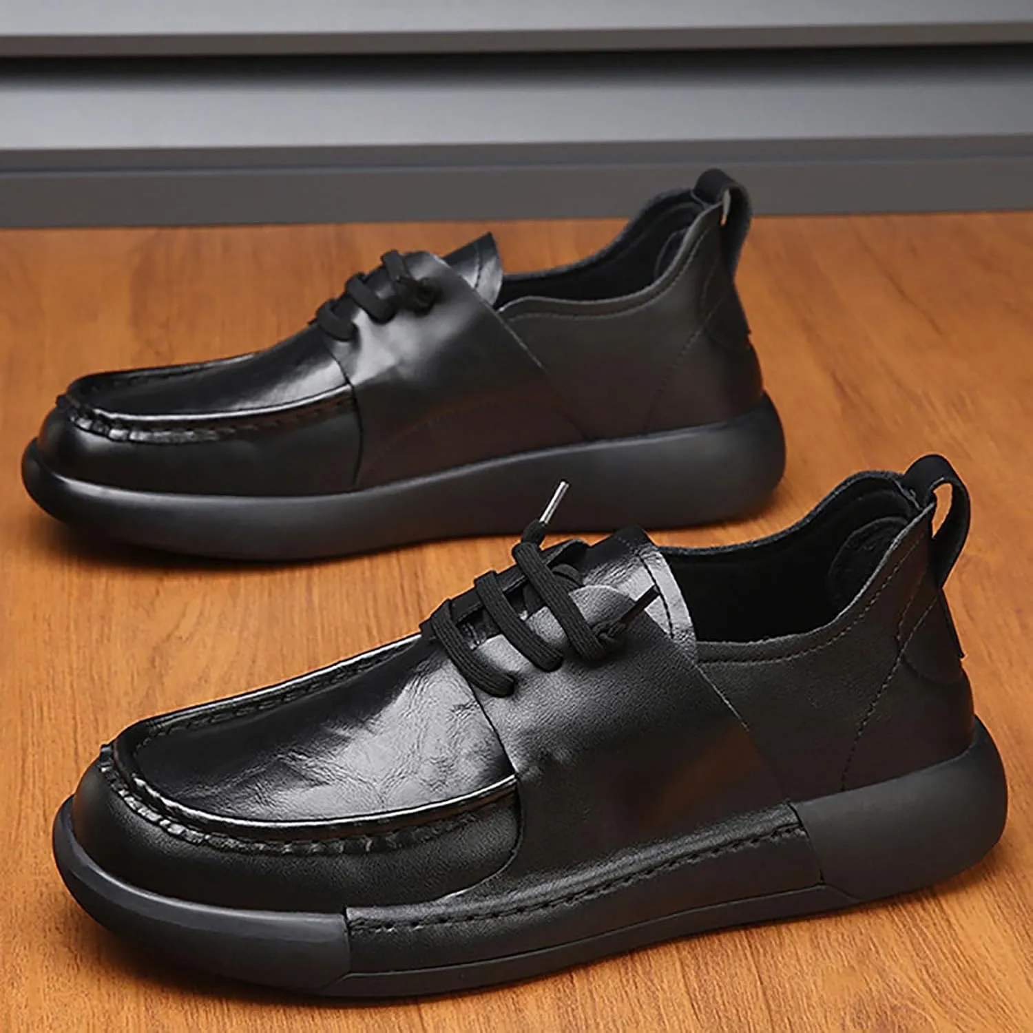 Men's Genuine Cowhide Leather Lace-up Casual Shoes with Insole & Anti-Slip Rubber Sole for Daily Walking, Office, Travel