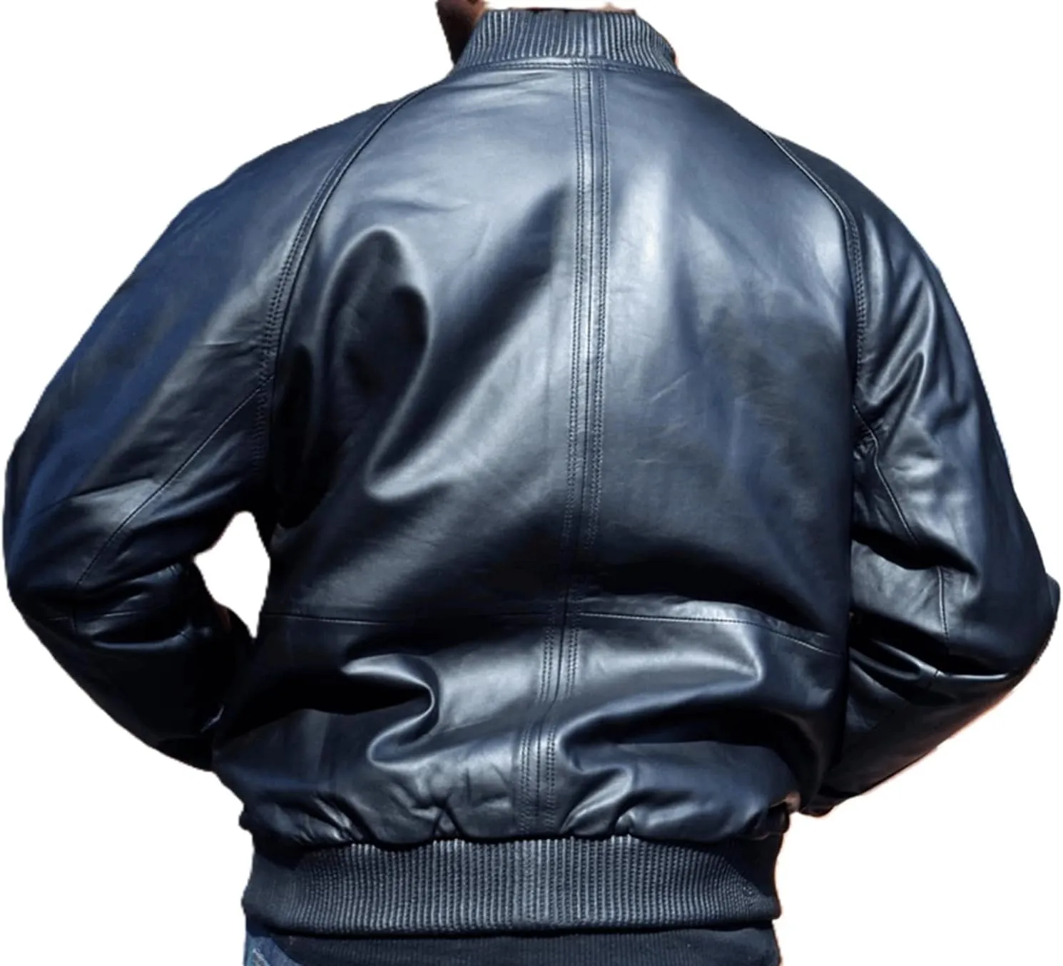 Men's Genuine Lambskin Leather Bomber Biker Jacket Navy Blue Baseball Style Jacket