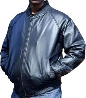 Men's Genuine Lambskin Leather Bomber Biker Jacket Navy Blue Baseball Style Jacket
