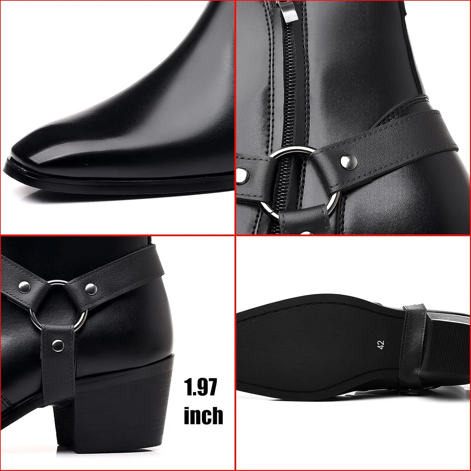 Men's Leather Chunky Heel Dress Chelsea Boots with Belt Buckle Fashion Classic Cap Toe Side Zipper Block High Heels High Top Formal Oxford Shoes Casual Business Chukka Booties