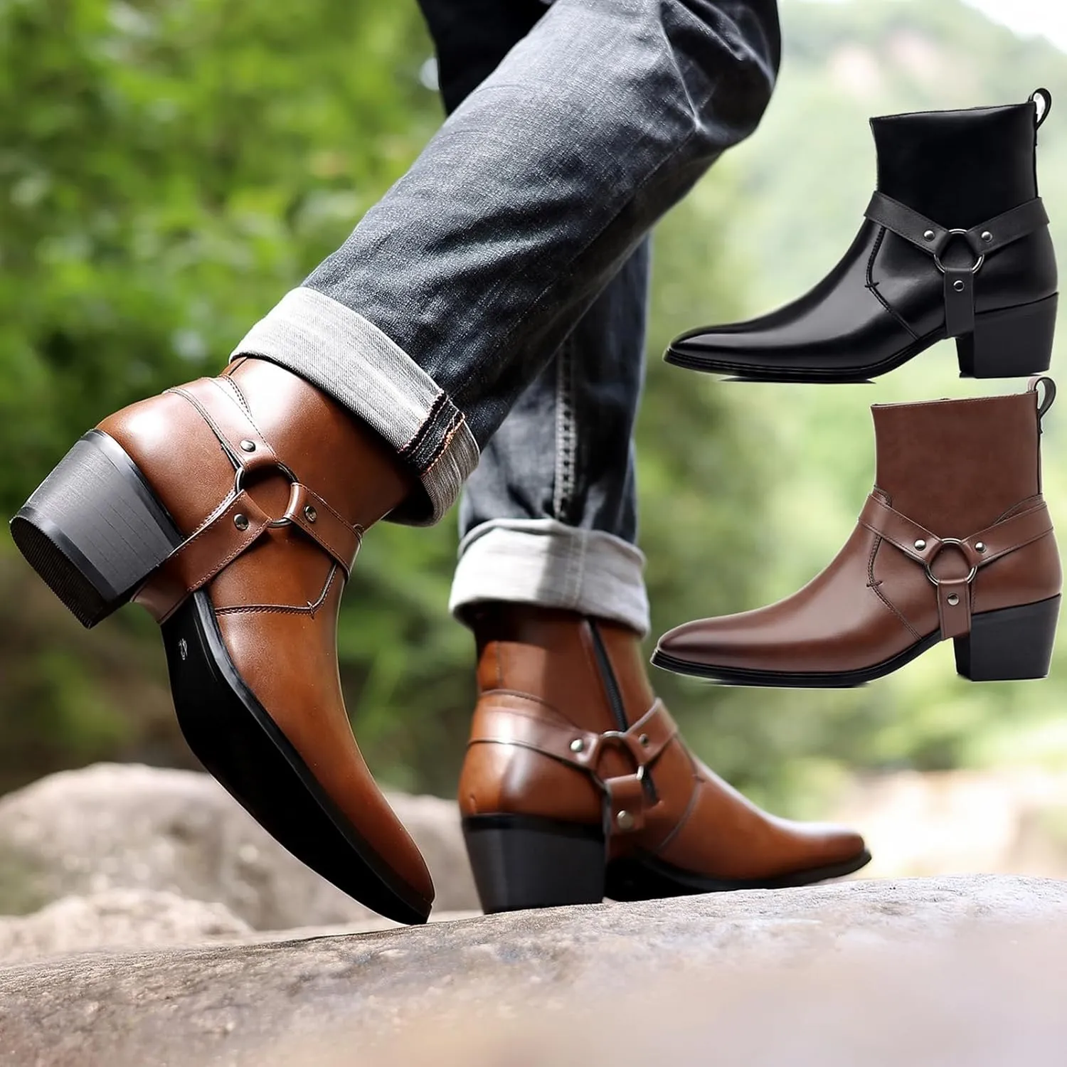 Men's Leather Chunky Heel Dress Chelsea Boots with Belt Buckle Fashion Classic Cap Toe Side Zipper Block High Heels High Top Formal Oxford Shoes Casual Business Chukka Booties