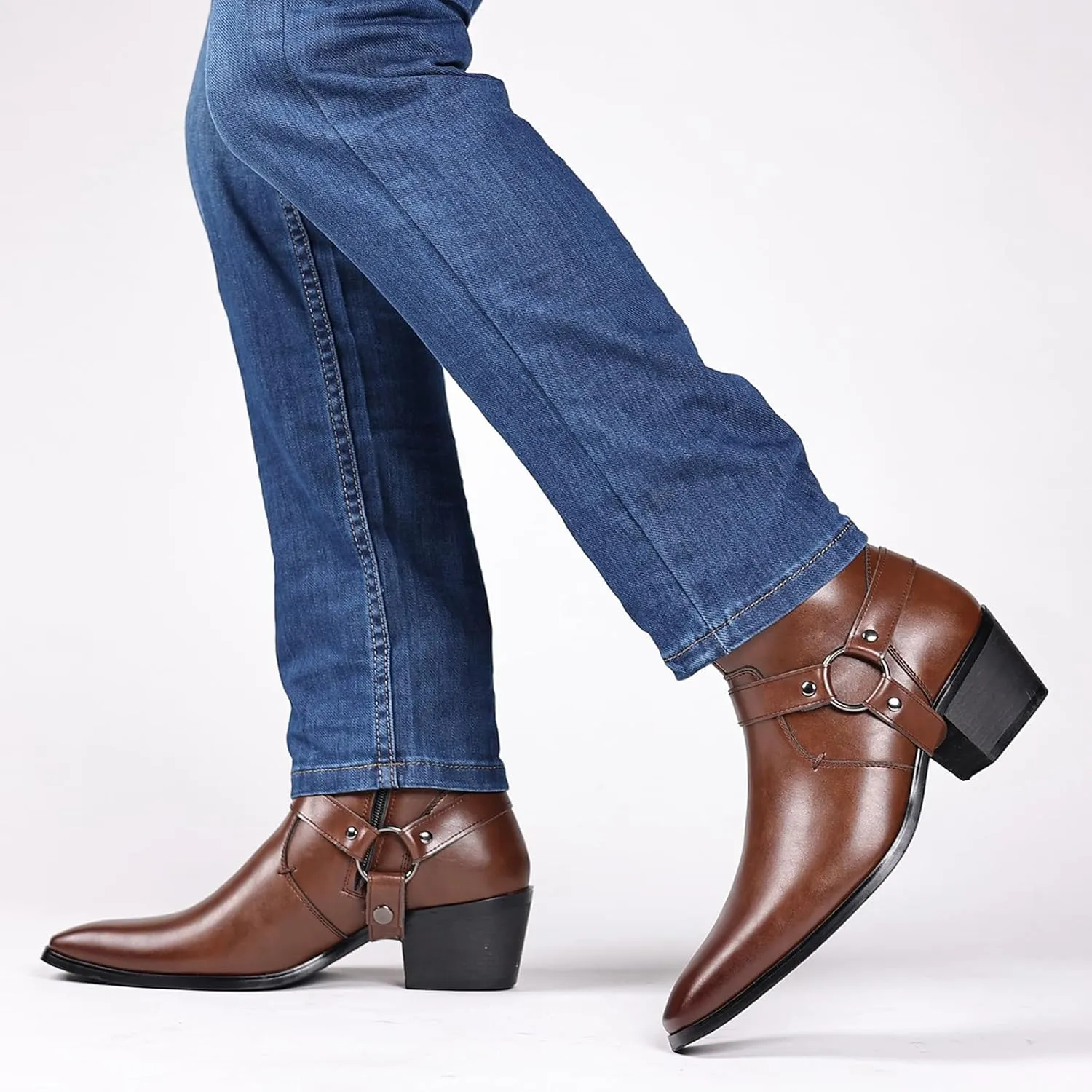 Men's Leather Chunky Heel Dress Chelsea Boots with Belt Buckle Fashion Classic Cap Toe Side Zipper Block High Heels High Top Formal Oxford Shoes Casual Business Chukka Booties