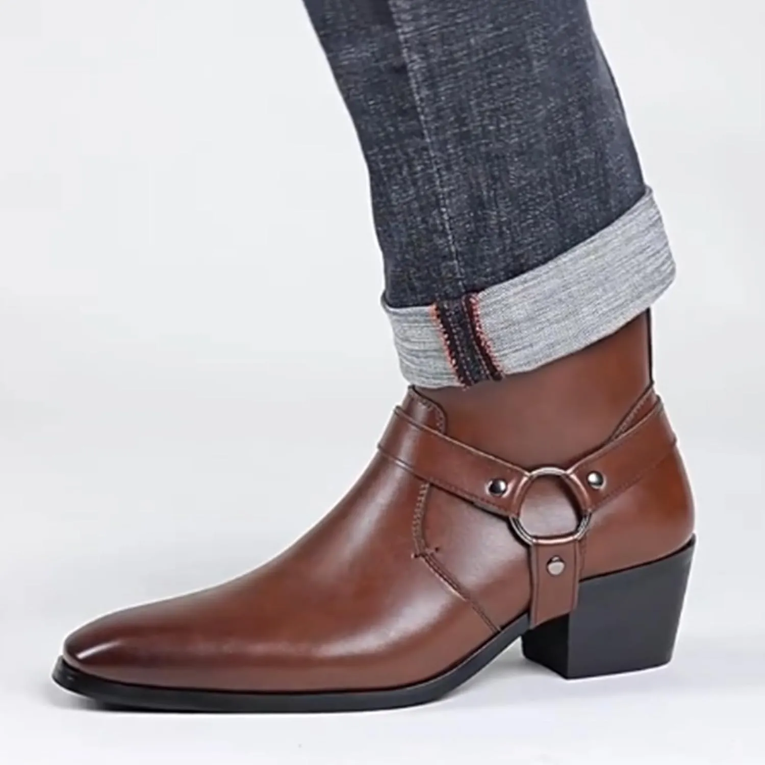 Men's Leather Chunky Heel Dress Chelsea Boots with Belt Buckle Fashion Classic Cap Toe Side Zipper Block High Heels High Top Formal Oxford Shoes Casual Business Chukka Booties