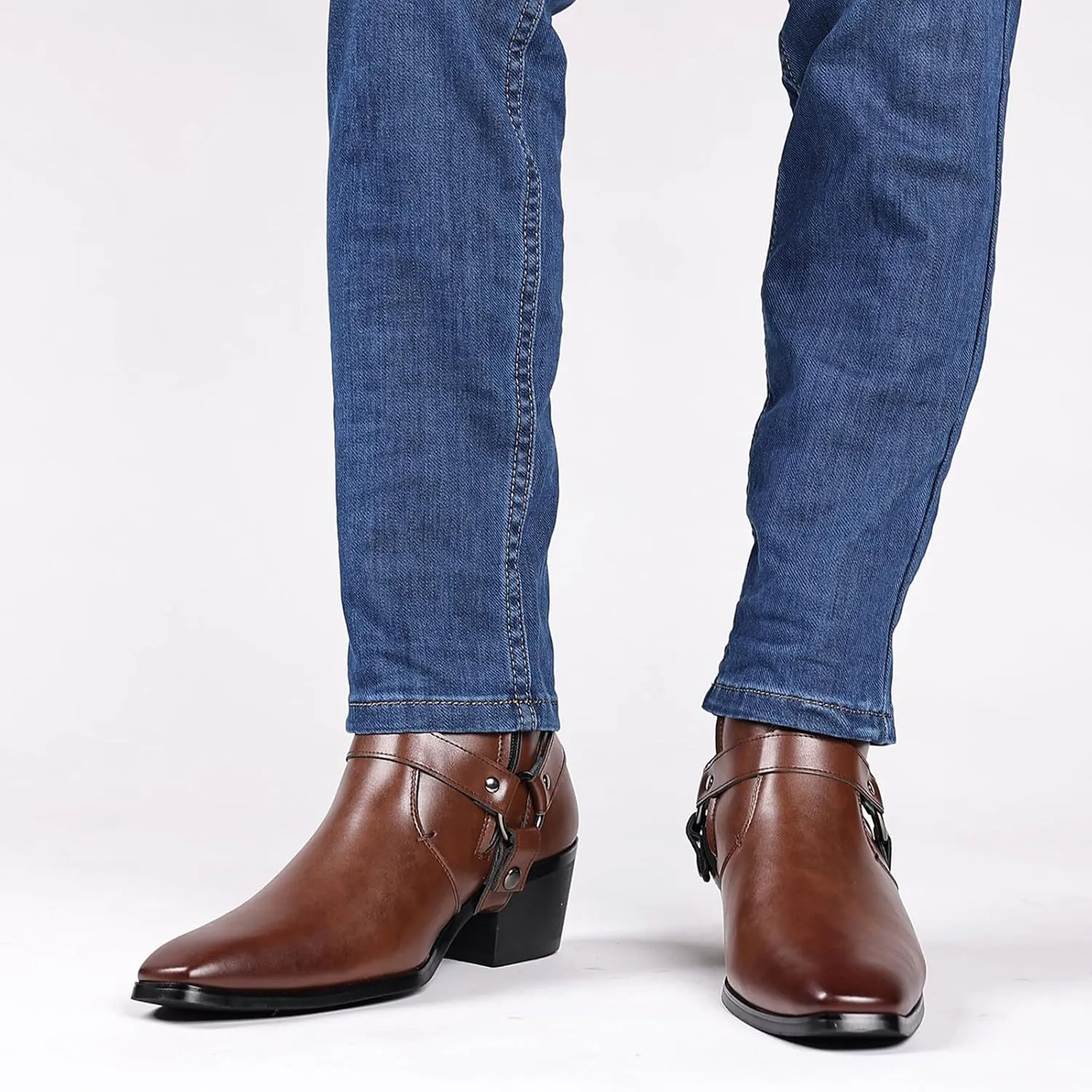 Men's Leather Chunky Heel Dress Chelsea Boots with Belt Buckle Fashion Classic Cap Toe Side Zipper Block High Heels High Top Formal Oxford Shoes Casual Business Chukka Booties