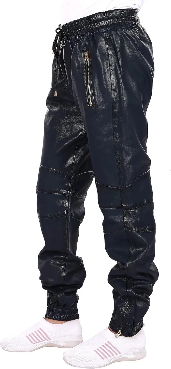 Mens Leather Joggers Pant for Bikers & Riders, Moto Sports Drawstring Pants, Trousers for Boys - Slim Fit Joggers