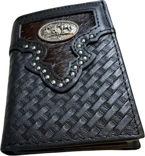 Mens Leather Tri Fold Wallet Basketweave Custom Cowboy Concho Cowhair Cowboy Western Leather Wallet High End Mens Wallets Leather Bull Rider Rodeo Gifts For Men (Cowboy Praying, Black)