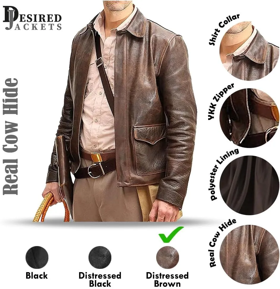 Men's Raiders of The Lost Harrison Jones Vintage Brown Bomber Leather Jacket Genuine Cowhide Distressed Leather Jacket