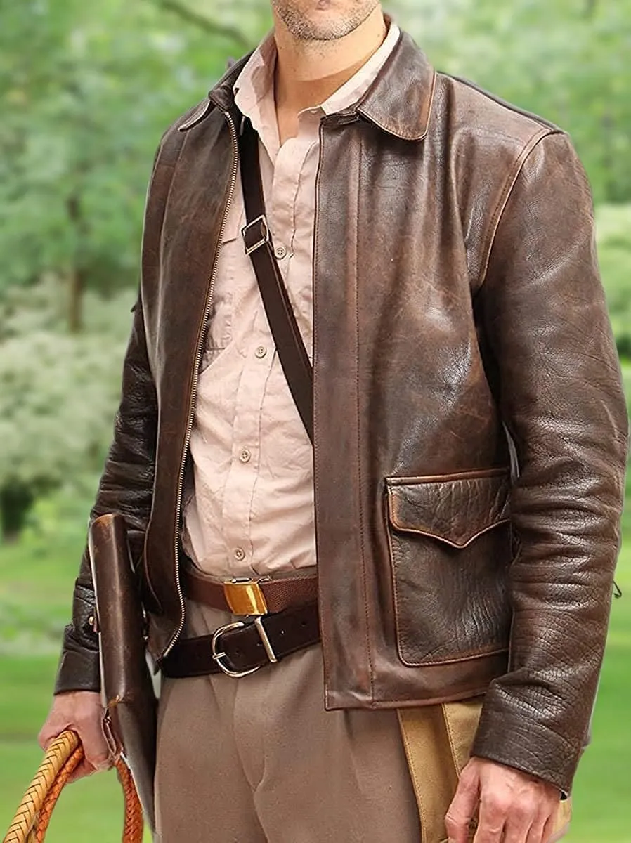 Men's Raiders of The Lost Harrison Jones Vintage Brown Bomber Leather Jacket Genuine Cowhide Distressed Leather Jacket