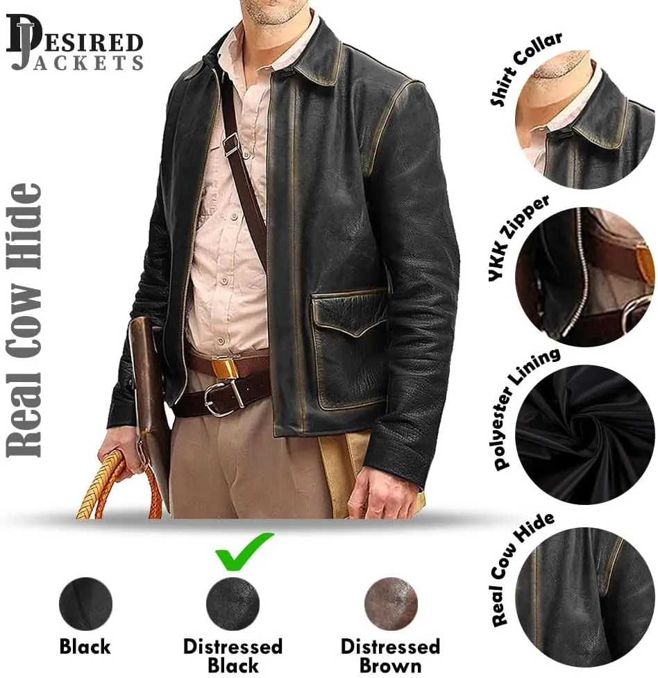 Men's Raiders of The Lost Harrison Jones Vintage Brown Bomber Leather Jacket Genuine Cowhide Distressed Leather Jacket